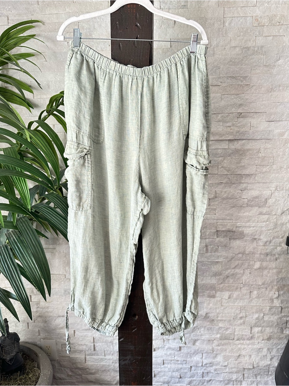 FLAX Light Sage Green Elastic-Waist Linen Crop Cargo Pants Size XL